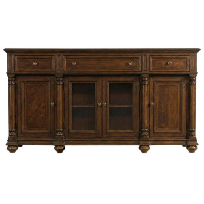Mahogany Veneer Buffet with Distressed Cathedral Swirl Finish, Drawers, Brown