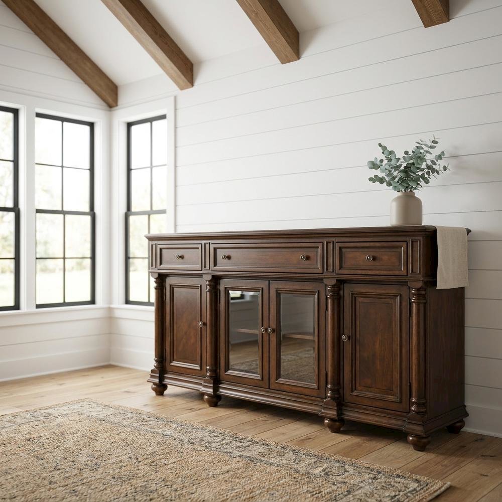 Mahogany Veneer Buffet with Distressed Cathedral Swirl Finish, Drawers, Brown