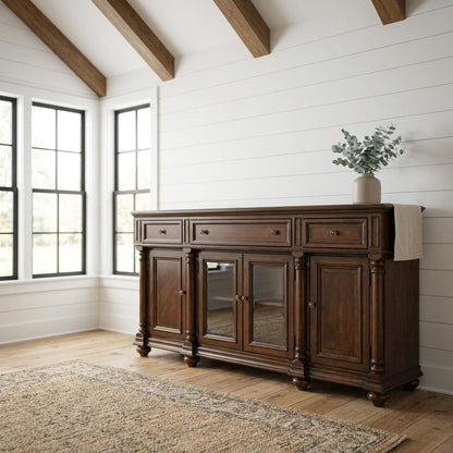 Mahogany Veneer Buffet with Distressed Cathedral Swirl Finish, Drawers, Brown