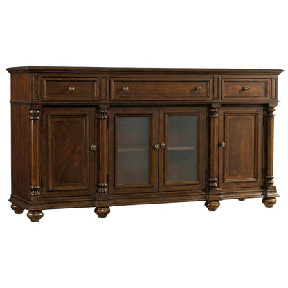 Mahogany Veneer Buffet with Distressed Cathedral Swirl Finish, Drawers, Brown