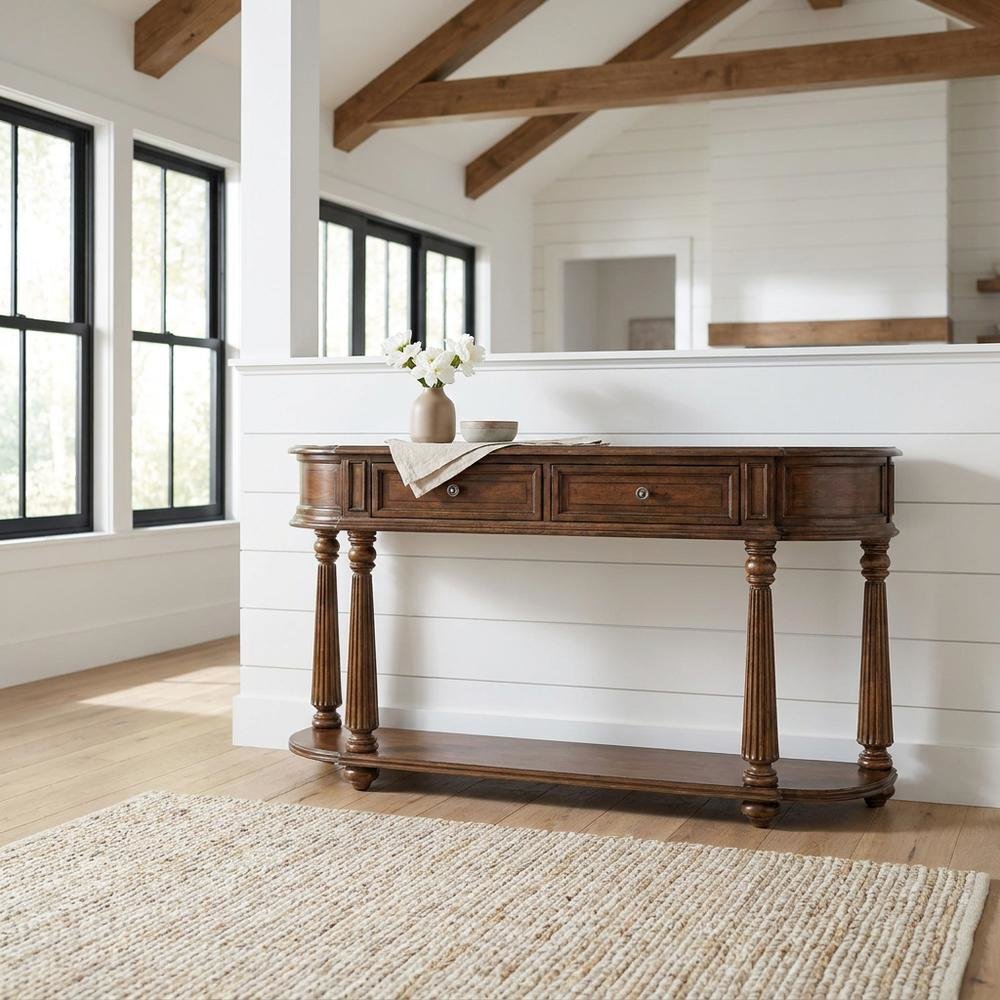 Mahogany Veneer Console Table with Drawers, Demilune Entryway Table, Brown