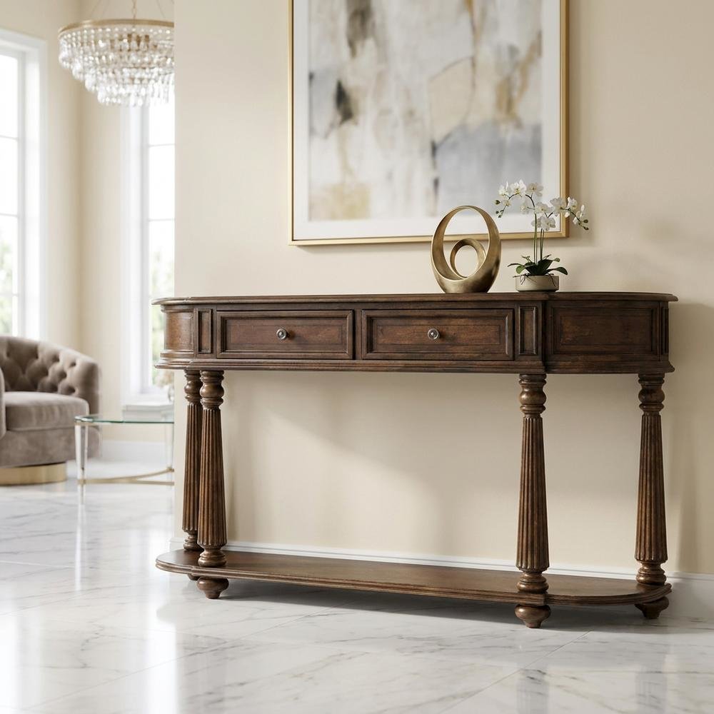 Mahogany Veneer Console Table with Drawers, Demilune Entryway Table, Brown