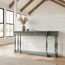Pecky Pecan Veneer Entryway Console Table with Four Drawers with Storage, Blue