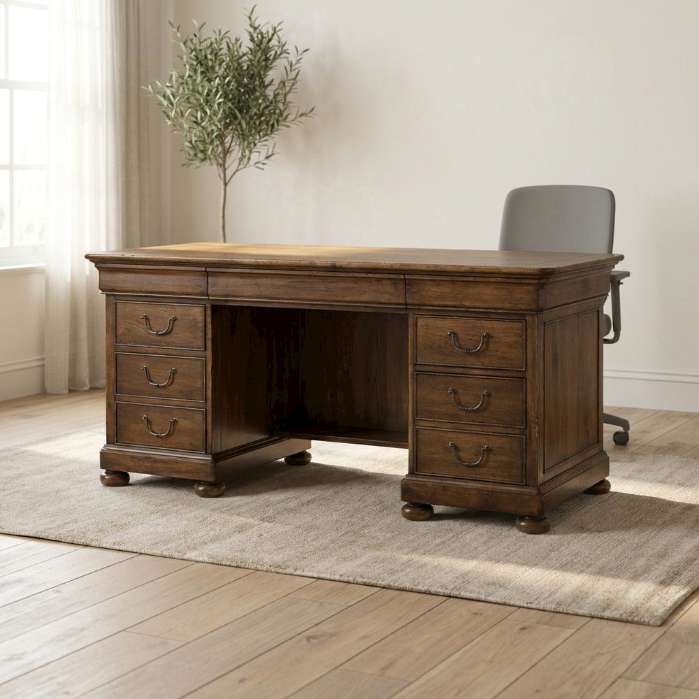 Pecky Pecan Veneer Executive Desk with Drawers, Brown