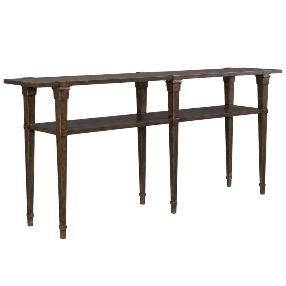Acacia Veneer Skinny Console Table with Distressed Metal Frame, Brown