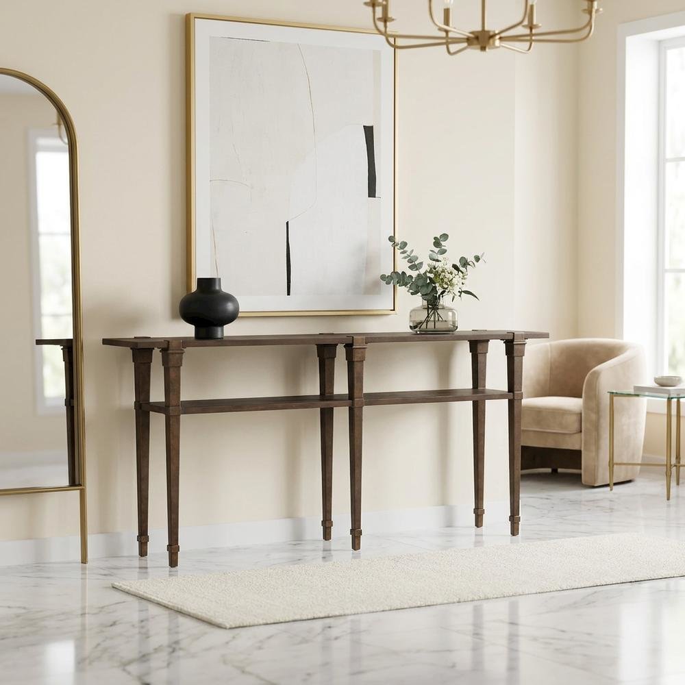 Acacia Veneer Skinny Console Table with Distressed Metal Frame, Brown
