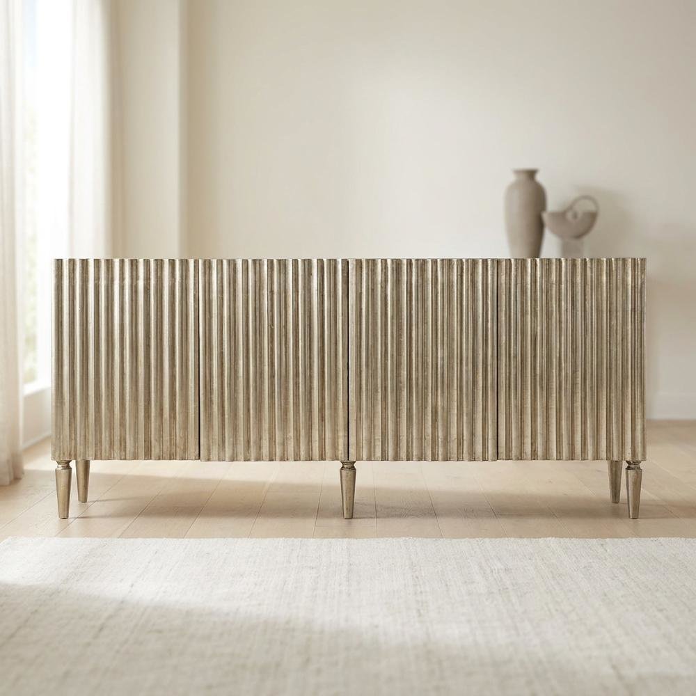 Mango Wood Entertainment Center with German Foil Finish, Silver