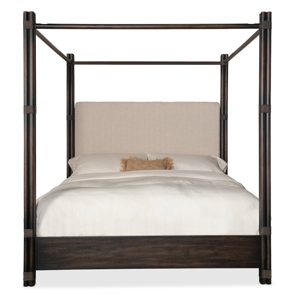 Retreat Pole Rattan King Upholstered Poster Bed withCanopy