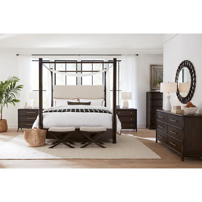 Retreat Pole Rattan King Upholstered Poster Bed withCanopy