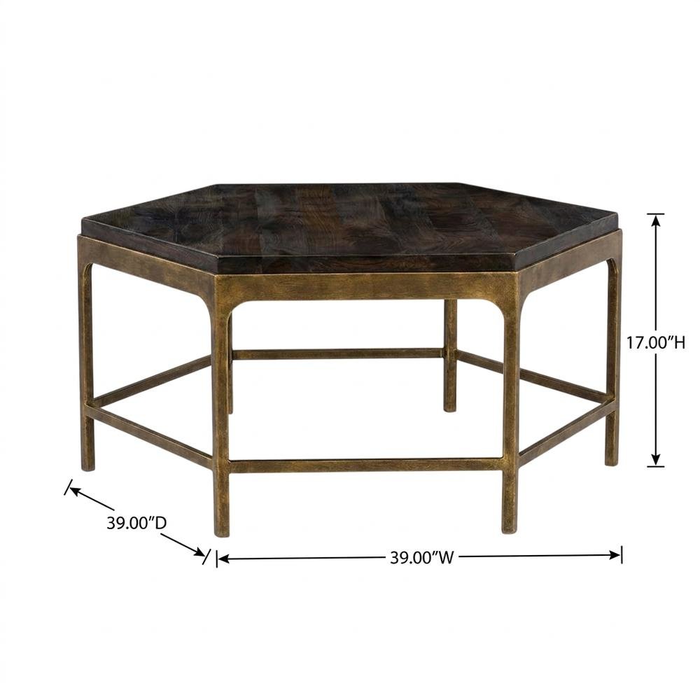 Mango Wood and Iron Round Cocktail Table with Metal Base for Living Room, Gold