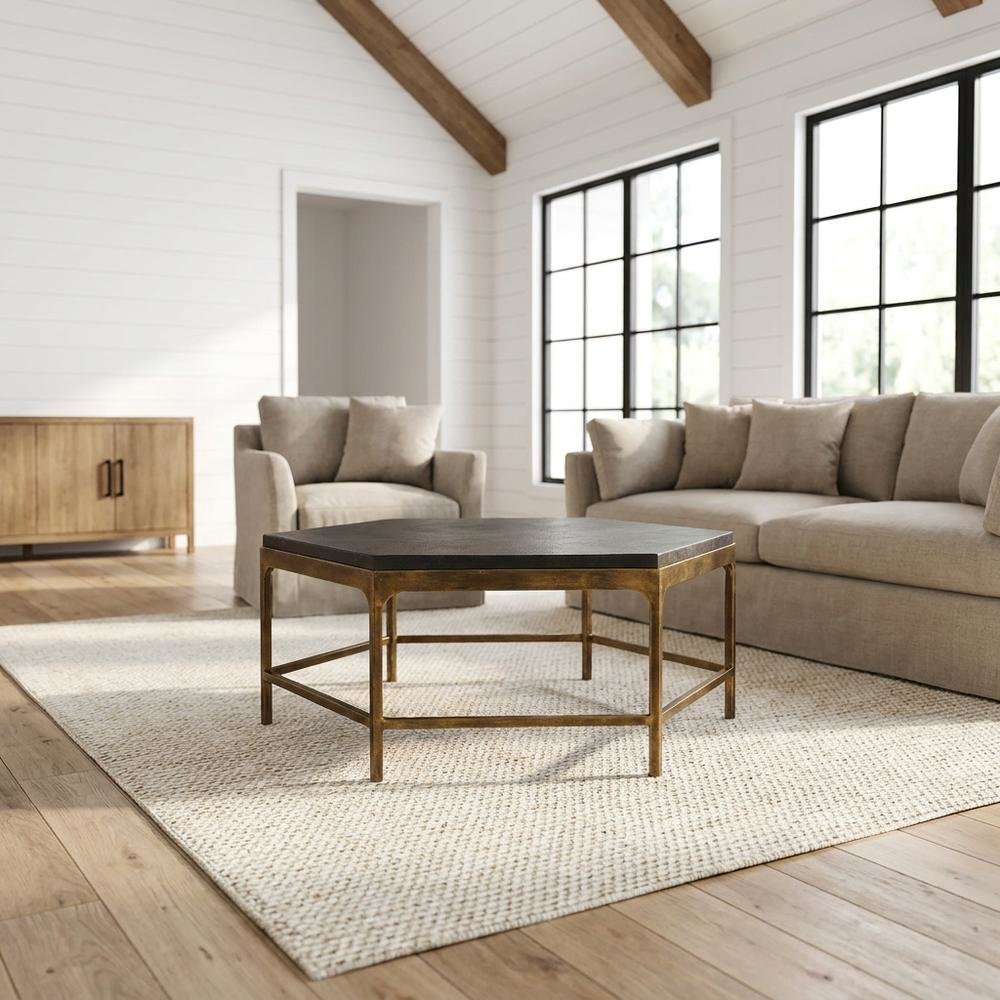 Mango Wood and Iron Round Cocktail Table with Metal Base for Living Room, Gold