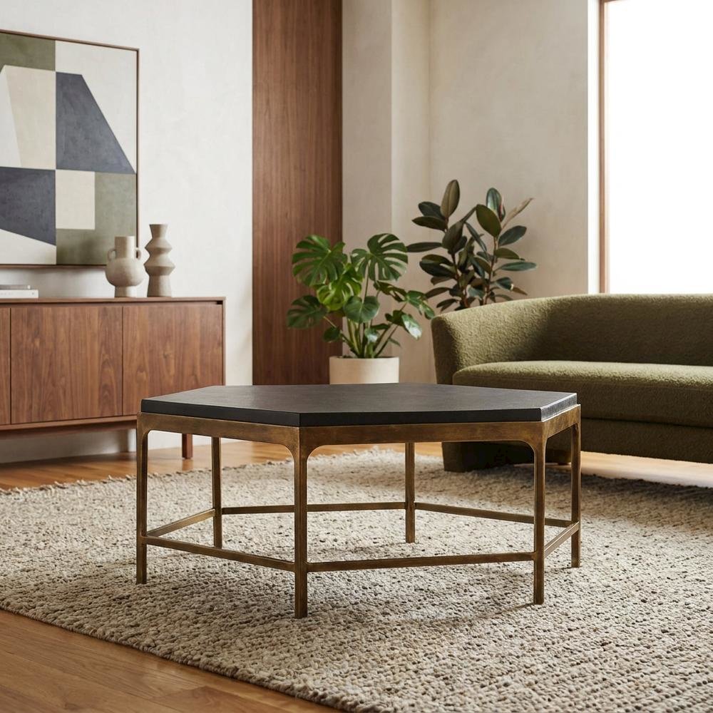 Mango Wood and Iron Round Cocktail Table with Metal Base for Living Room, Gold