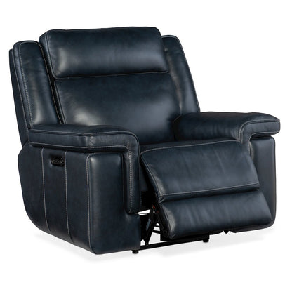 Montel Lay Flat Power Recliner with Power Headrest & Lumbar in Blue Leather