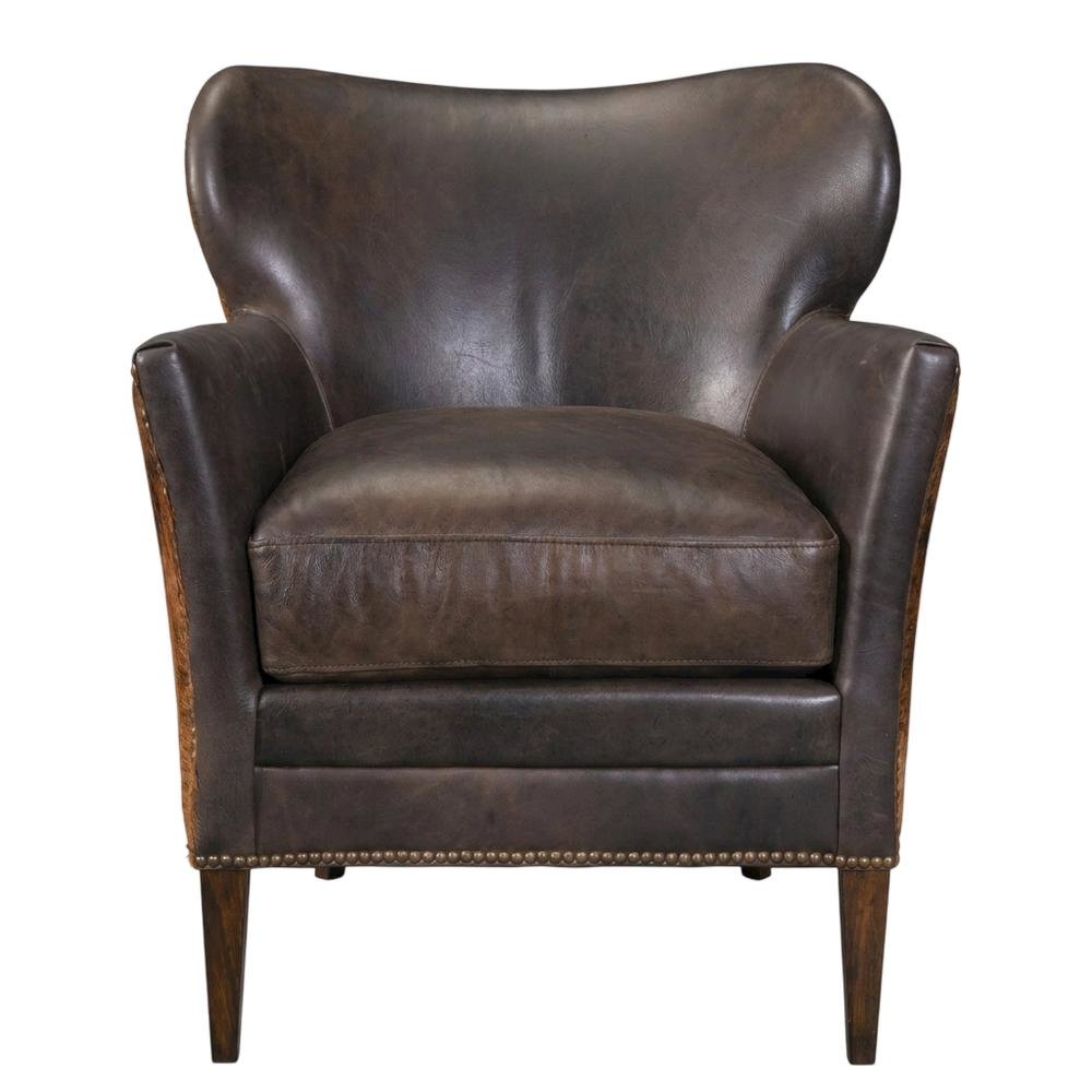 Aniline Top Grain Leather Club Chair with Fixed Arms for Living Room, Brown