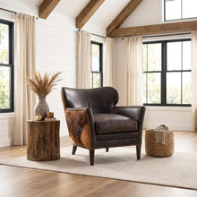 Aniline Top Grain Leather Club Chair with Fixed Arms for Living Room, Brown