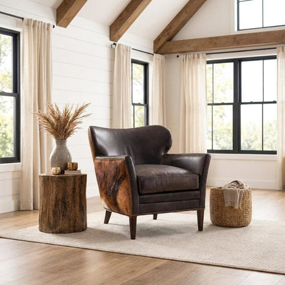 Aniline Top Grain Leather Club Chair with Fixed Arms for Living Room, Brown