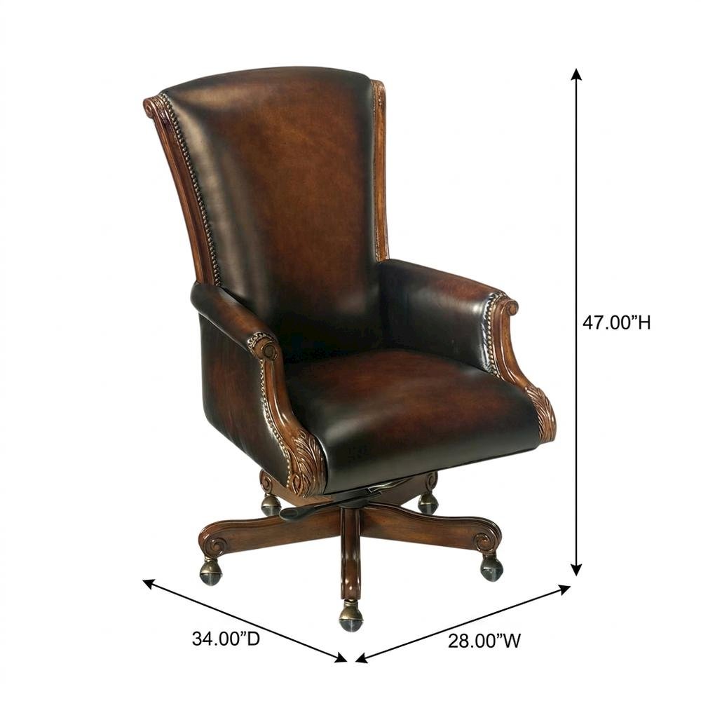 Leather Executive Swivel Chair, Fixed Arms, and Old World Finish, Brown