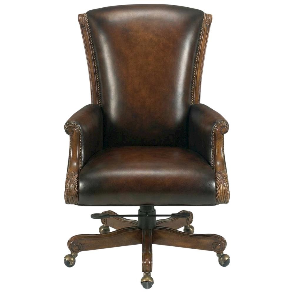 Leather Executive Swivel Chair, Fixed Arms, and Old World Finish, Brown
