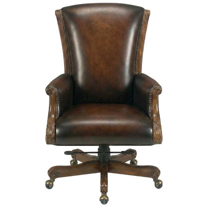 Leather Executive Swivel Chair, Fixed Arms, and Old World Finish, Brown