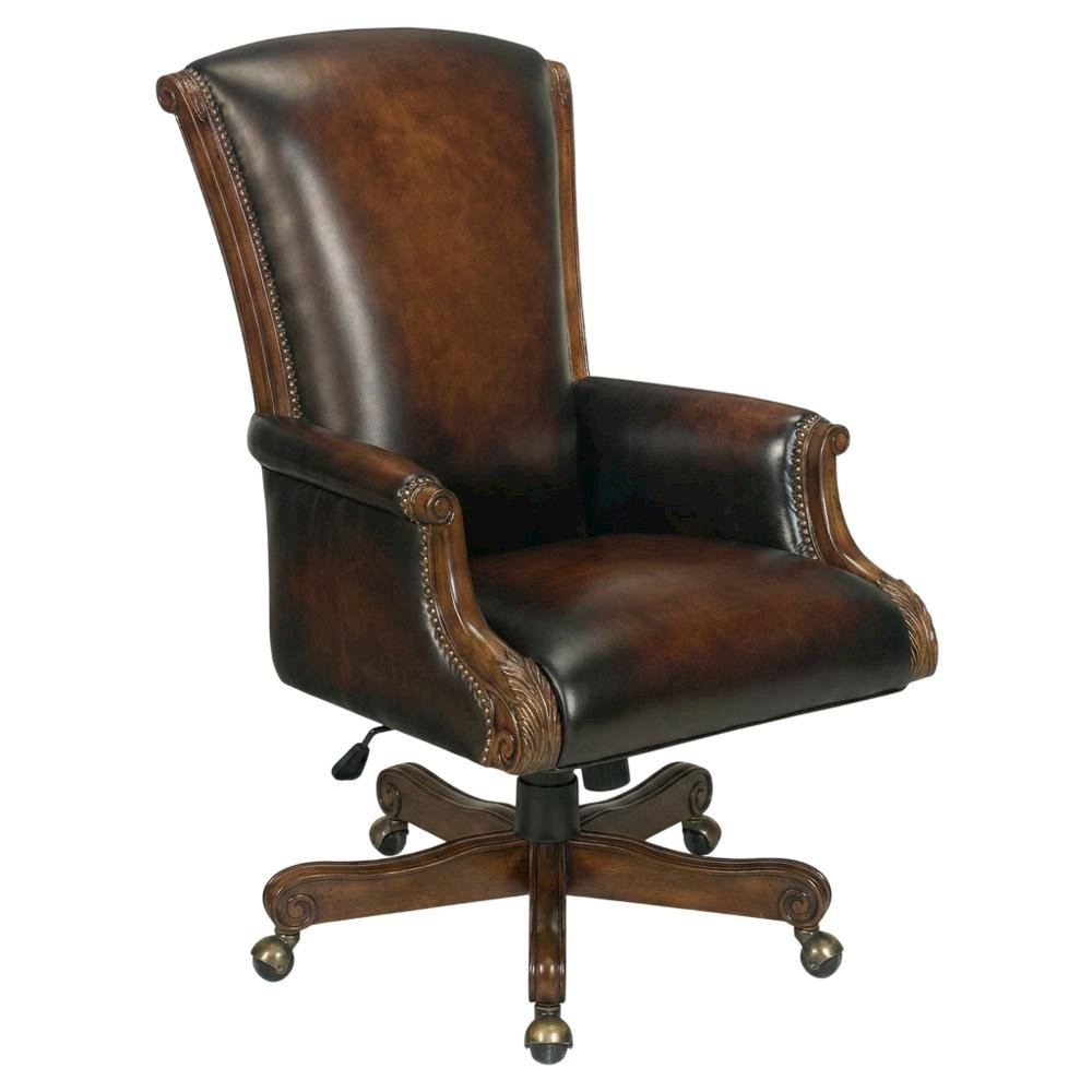 Leather Executive Swivel Chair, Fixed Arms, and Old World Finish, Brown