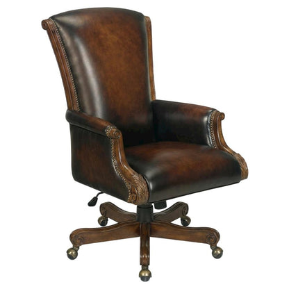 Leather Executive Swivel Chair, Fixed Arms, and Old World Finish, Brown