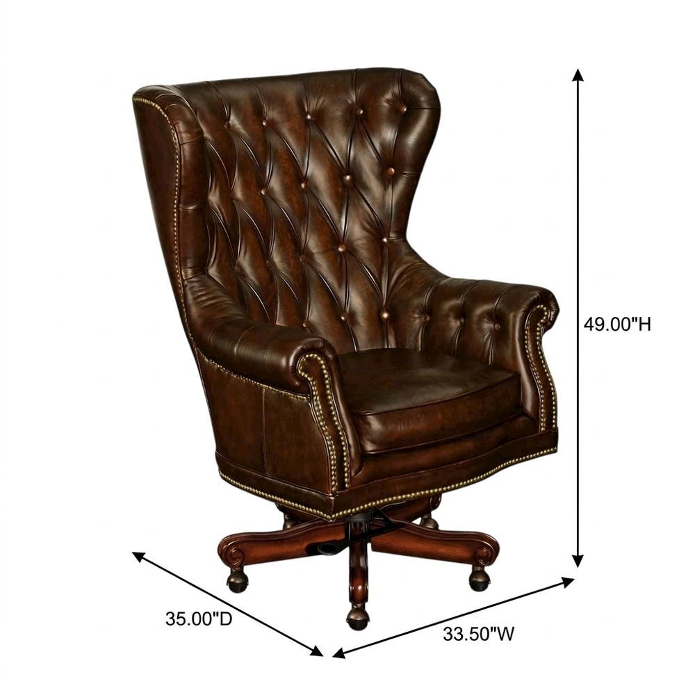 Leather Swivel Chair with Tilt, Fixed Arms, Wood Frame, Brown