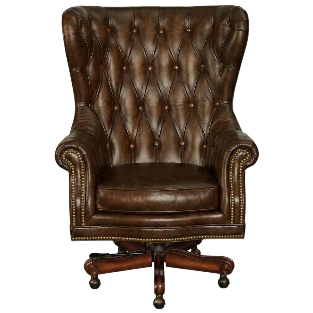 Leather Swivel Chair with Tilt, Fixed Arms, Wood Frame, Brown