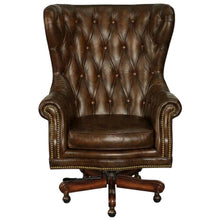 Leather Swivel Chair with Tilt, Fixed Arms, Wood Frame, Brown