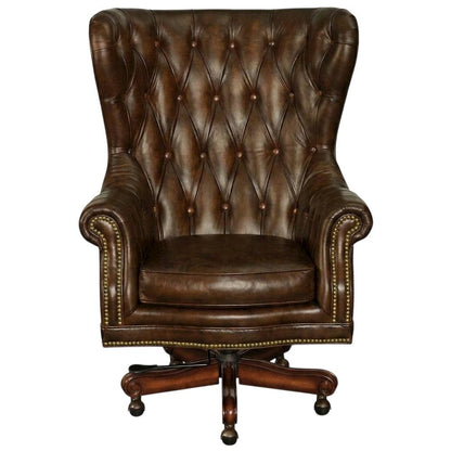 Leather Swivel Chair with Tilt, Fixed Arms, Wood Frame, Brown