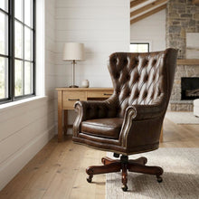 Leather Swivel Chair with Tilt, Fixed Arms, Wood Frame, Brown
