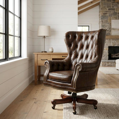 Leather Swivel Chair with Tilt, Fixed Arms, Wood Frame, Brown