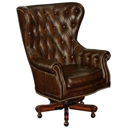Leather Swivel Chair with Tilt, Fixed Arms, Wood Frame, Brown