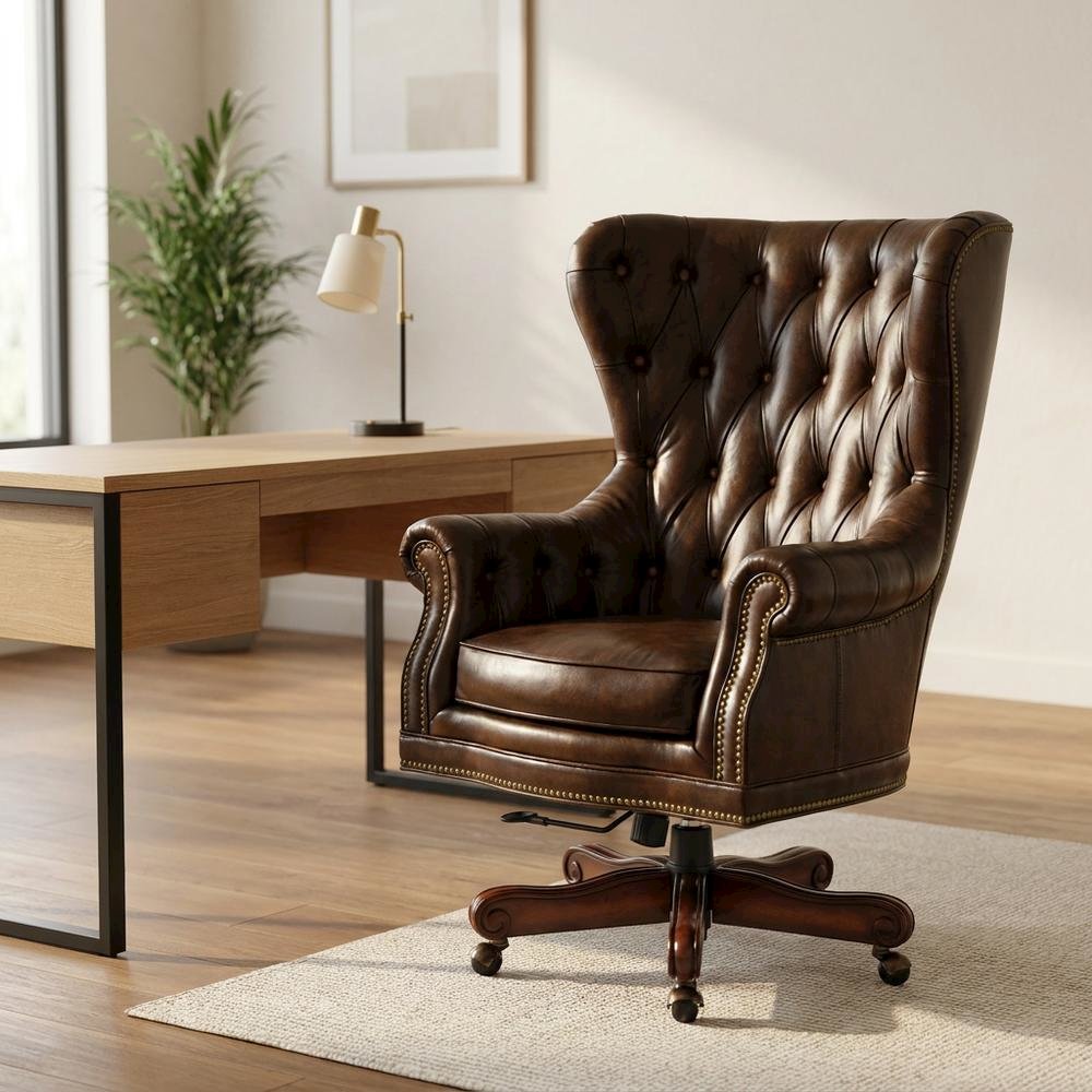 Leather Swivel Chair with Tilt, Fixed Arms, Wood Frame, Brown