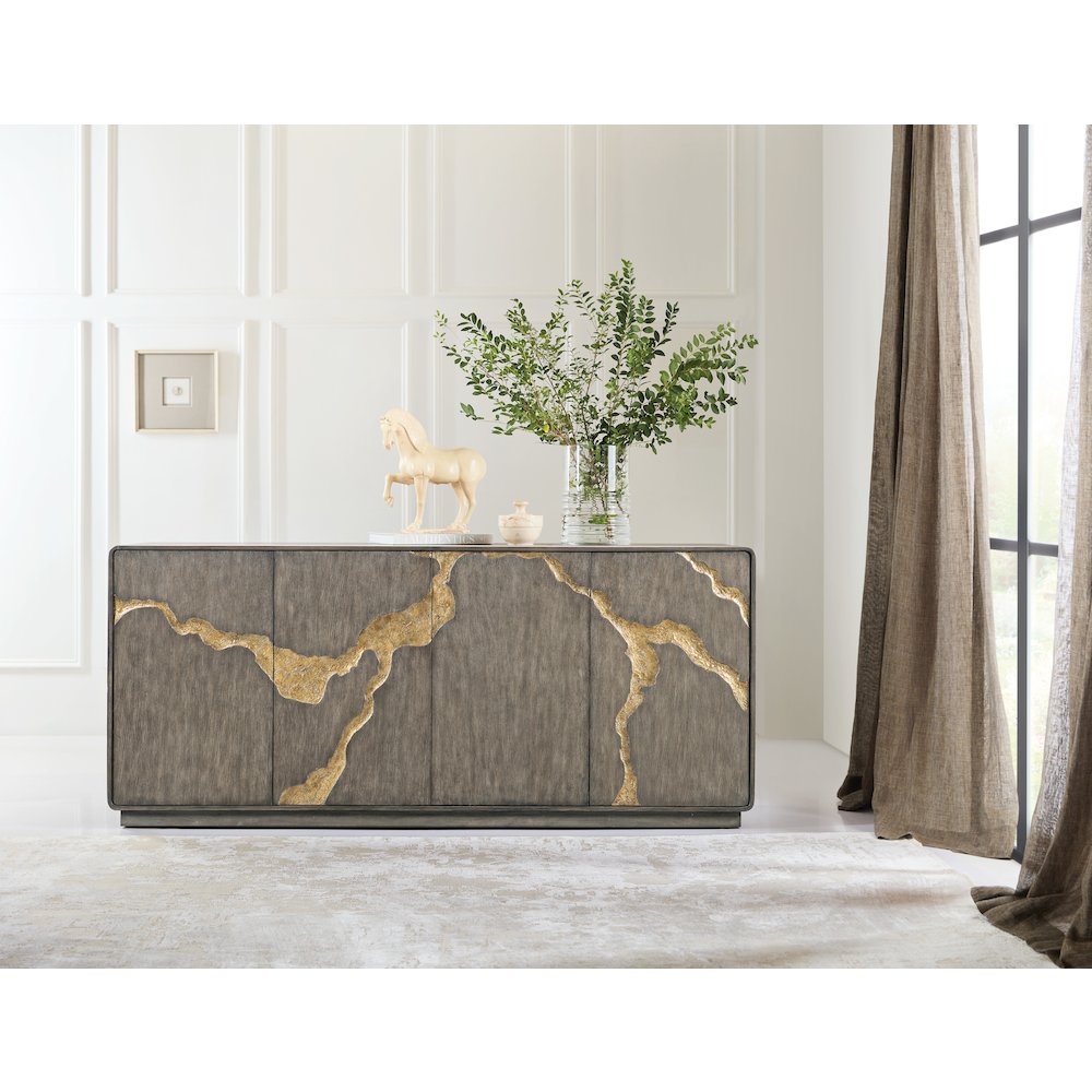 Melange Fissured Wood Entertainment Credenza w/ Gold Motif by Hooker Furniture