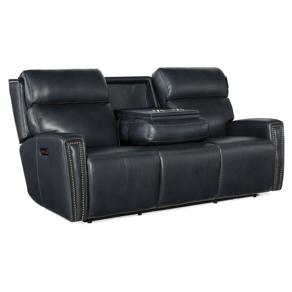 Ruthe ZeroG Power Sofa with Power Headrest & Hidden Console in Blue Leather
