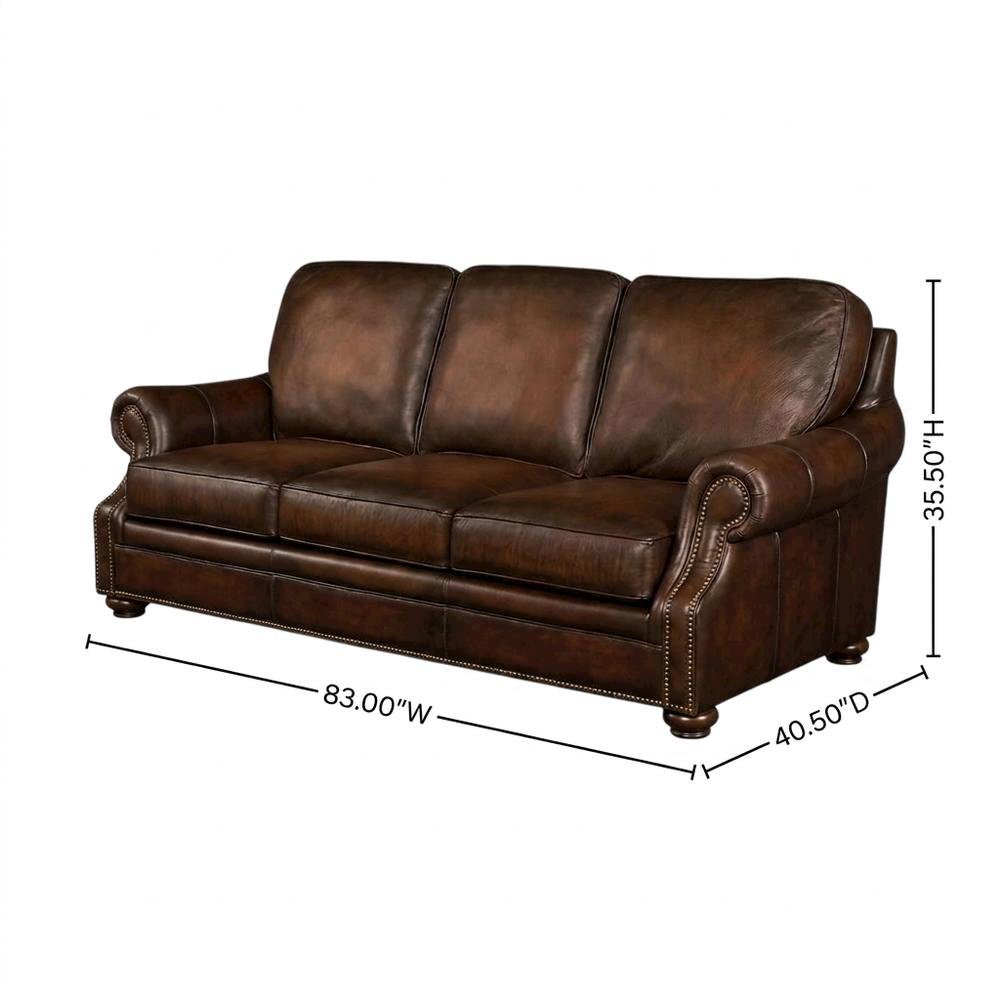 Top-Grain Leather Sofa with Fixed Arms and Dark Walnut Frame, Brown