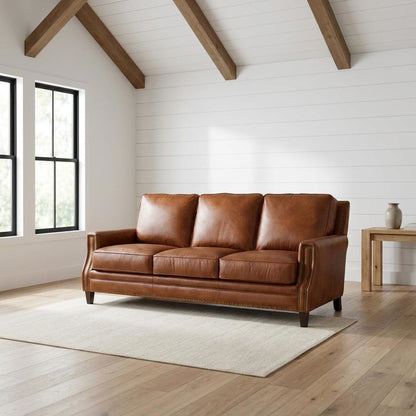 Exton Aniline Top Grain Leather Couch for Living Room, Fixed Arms, Brown
