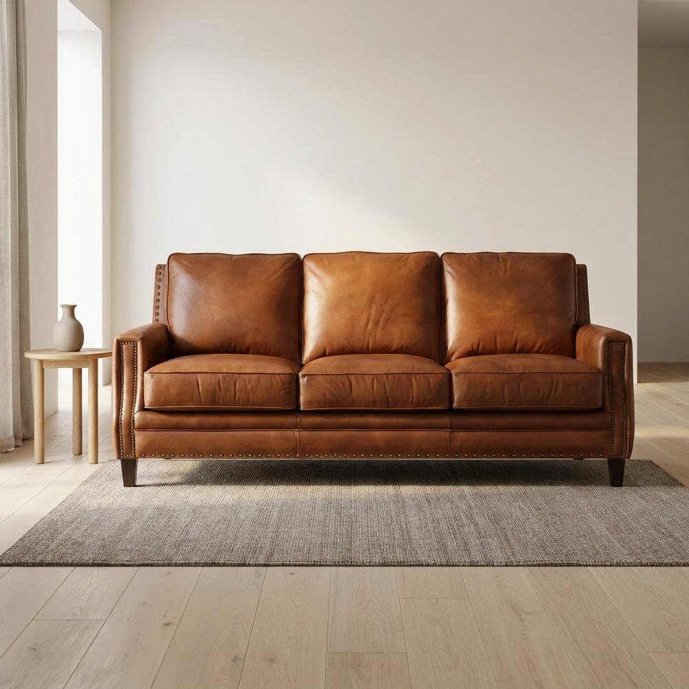 Exton Aniline Top Grain Leather Couch for Living Room, Fixed Arms, Brown