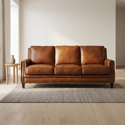 Exton Aniline Top Grain Leather Couch for Living Room, Fixed Arms, Brown