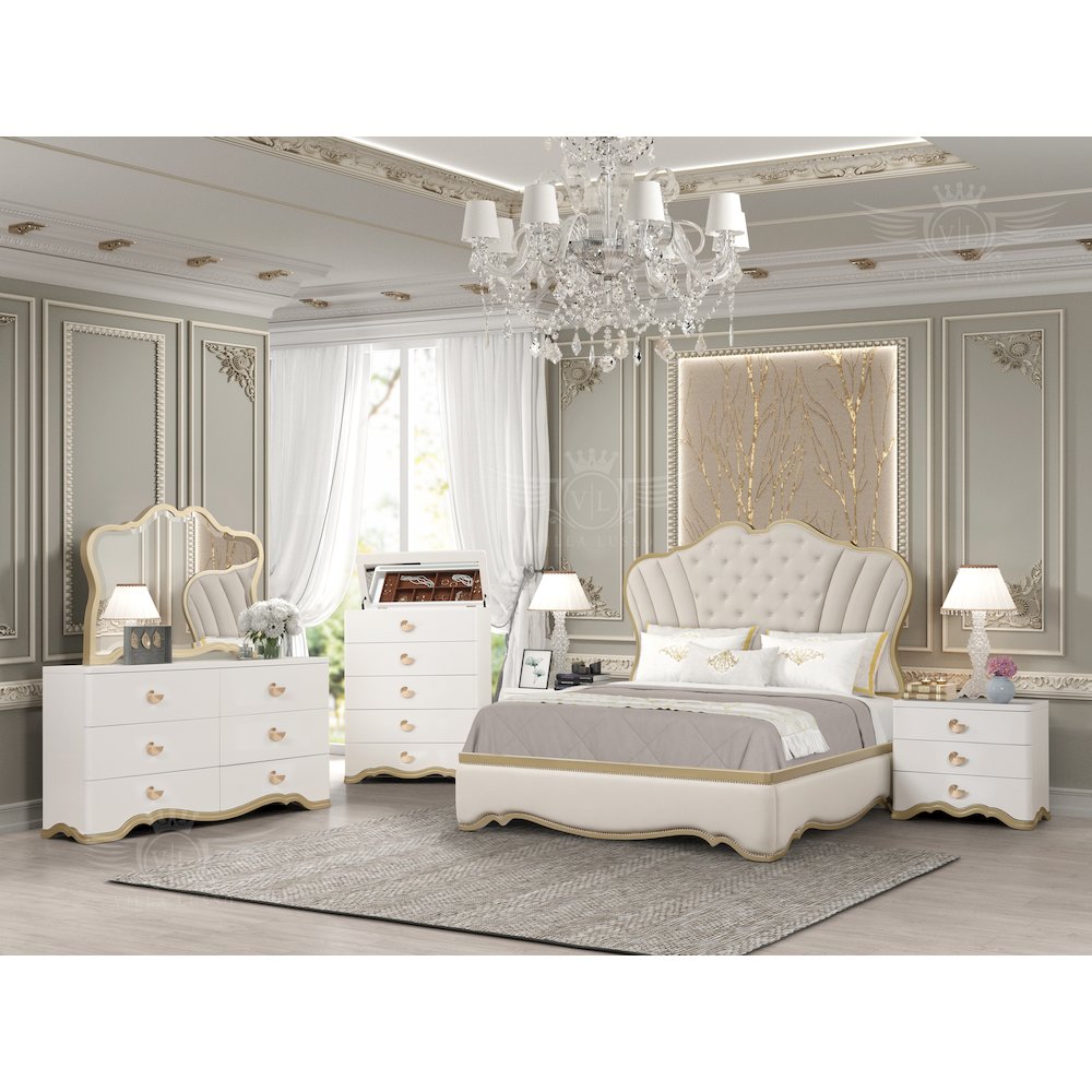 Athena Ivory and Gold Scalloped 5-Piece Bedroom Set, King