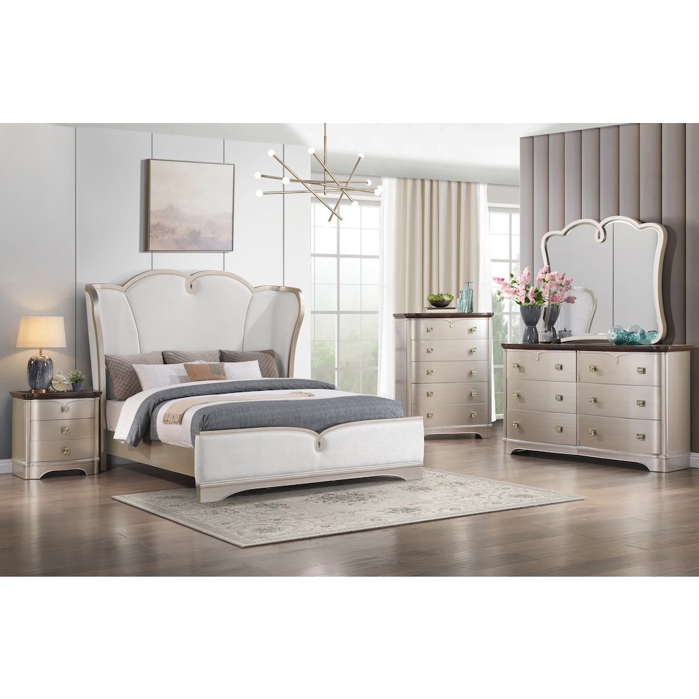 Rose Wingback Champagne Upholstered 5-Piece Bedroom Set, King
