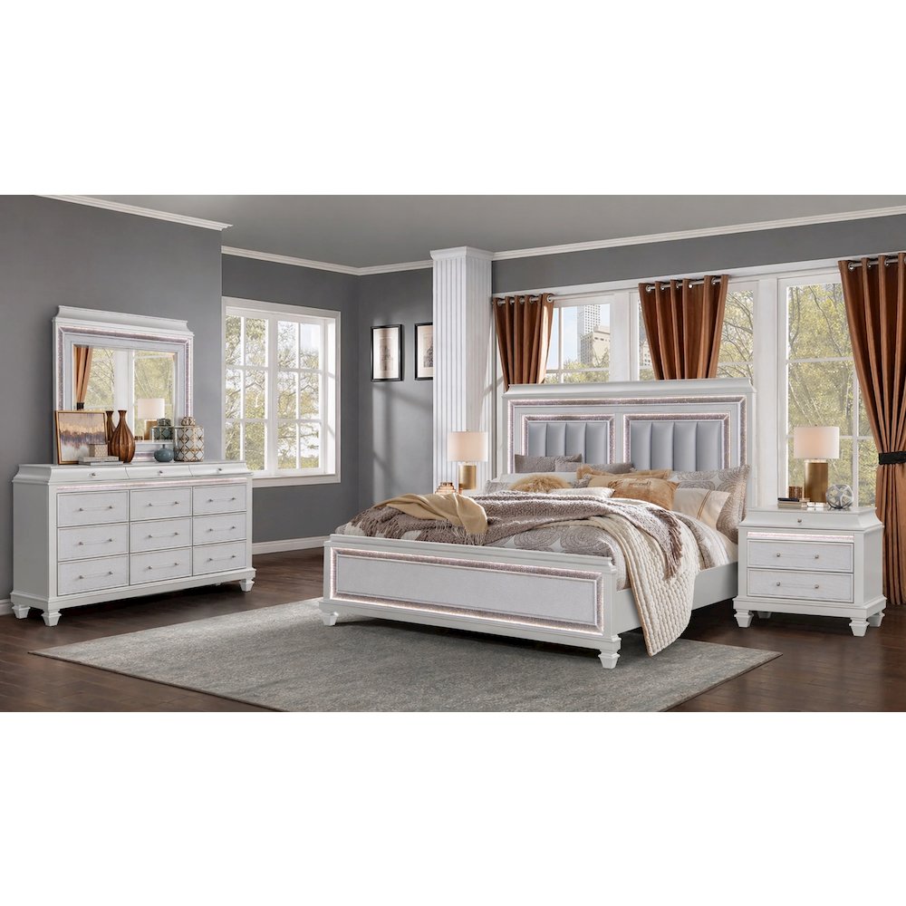 Sabrina White 4-Piece Bedroom Set with LED Lighting, King