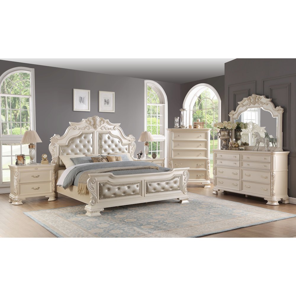 Victoria Pearl White Tufted Upholstered 4-Piece Bedroom Set, King