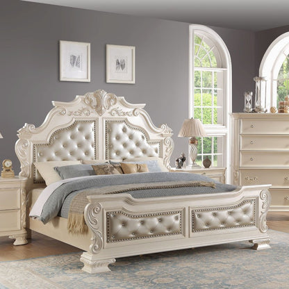 Victoria Pearl White Tufted Upholstered 5-Piece Bedroom Set, Queen