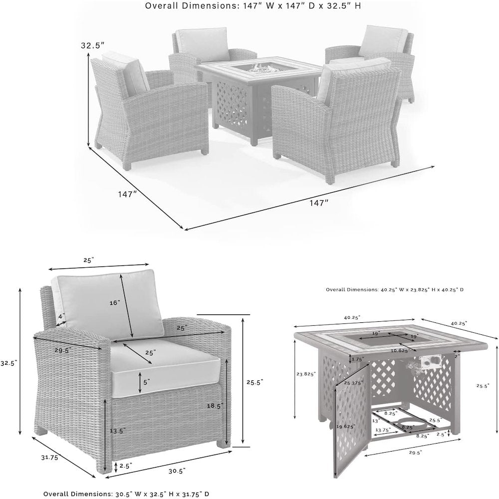 Bradenton 5Pc Outdoor Chair Set W/ Fire Table, Tucson Fire Table & 4 Armchairs
