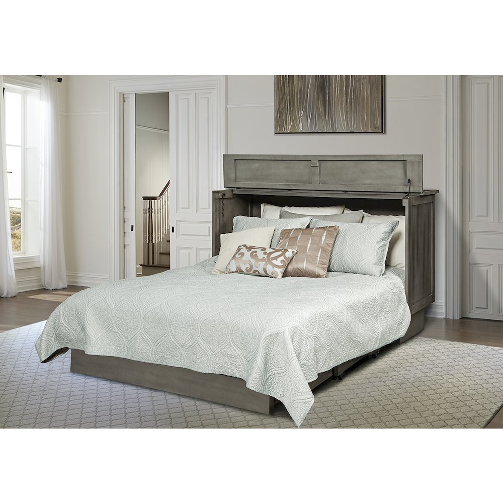 Queen Cabinet Bed Modern Gray Finish with Free Standing Design and Useable Top