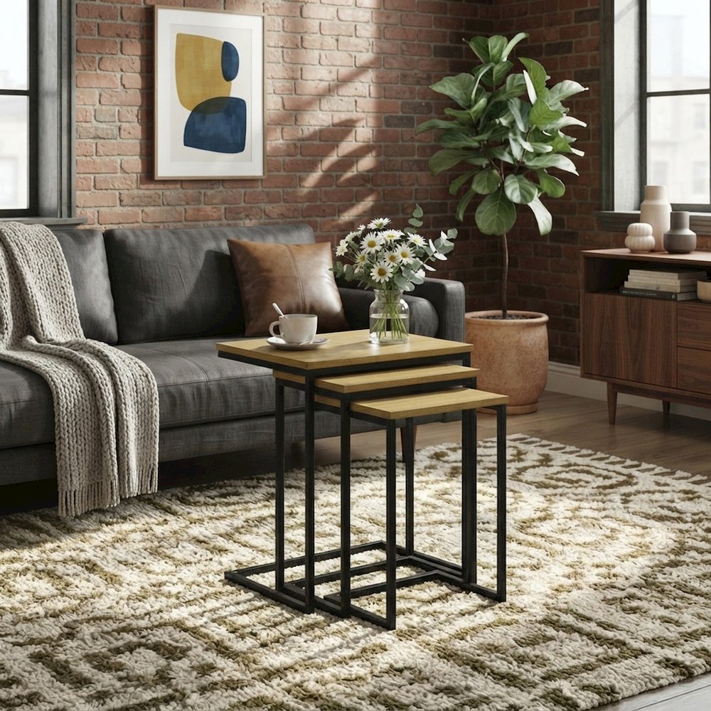 FurniFact Nesting Tables with Mango Wood Tops, Harvest Oak, Aged Iron