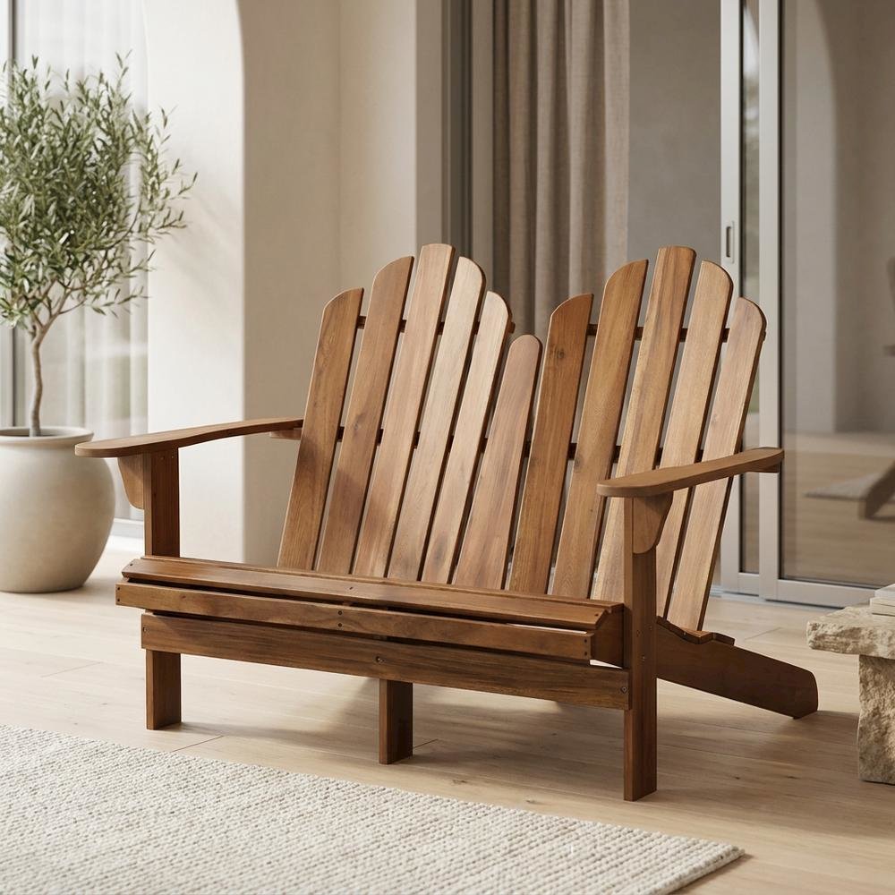 Solid Acacia Wood Adirondack Double Bench with Armrests for Patio, Brown