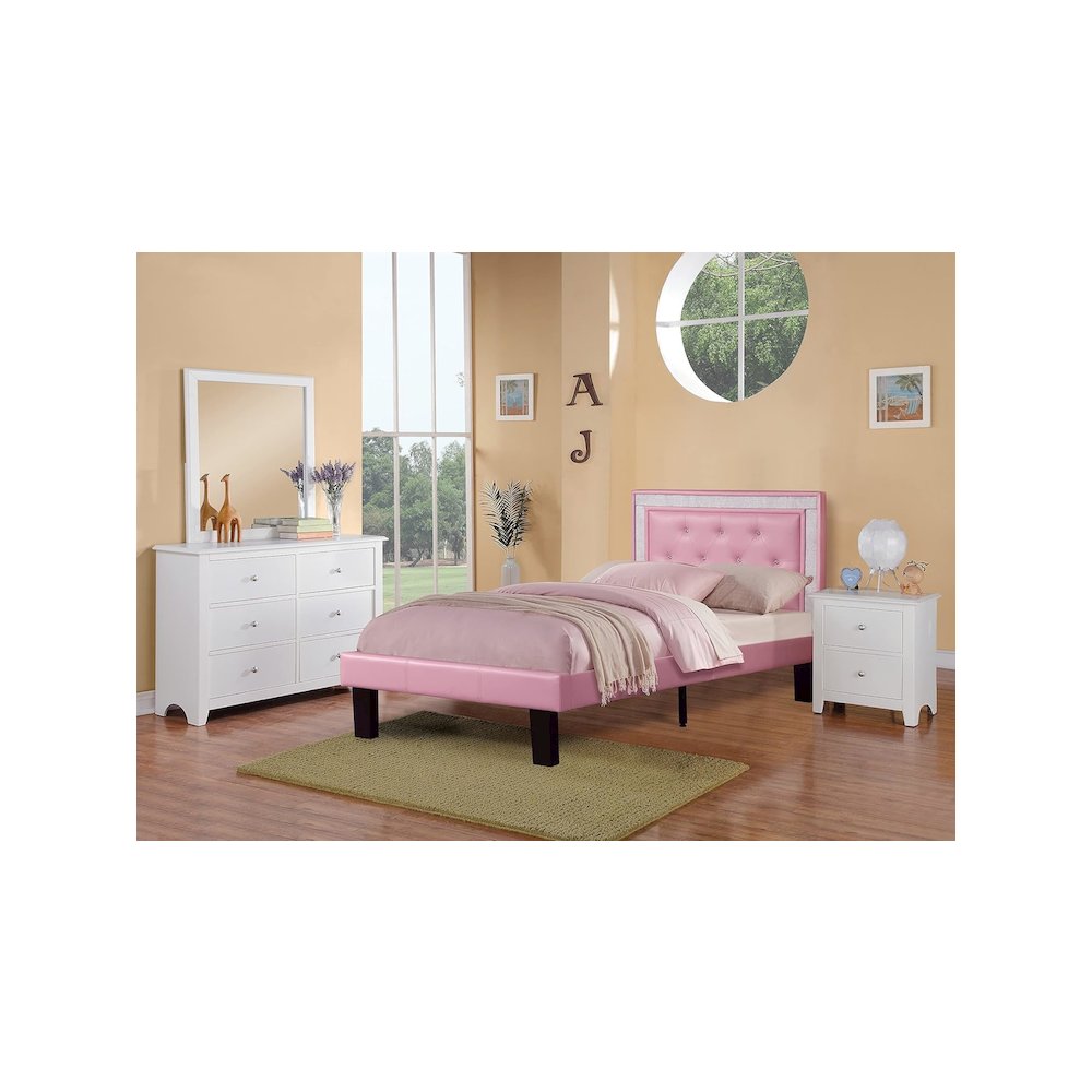 Twin Upholstered Bed Frame with Slats in Pink Faux Leather