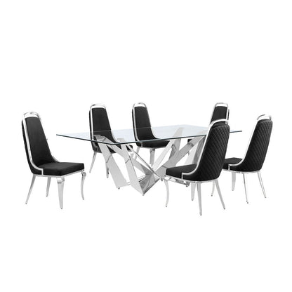 7pc Large(94") glass dining set with silver base and 6 Black side chairs